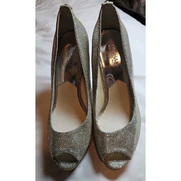 MICHAEL KORS Silver Sparkle Glitter YORK Platform Peep Toe Pumps Heels Sz 8 $130 - Picture 2 of 8